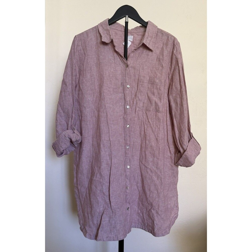 Sigrid Olsen Women’s Linen Button-Up Shirt Pink Solid Collared Long Sleeve XL